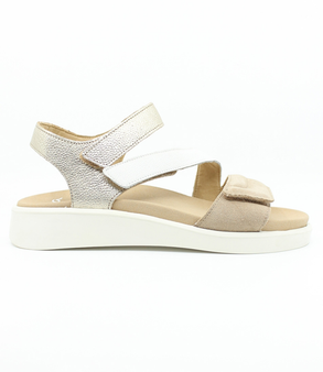 Sand/Weiss/Platin leather heeled sandal with 45 mm block heel