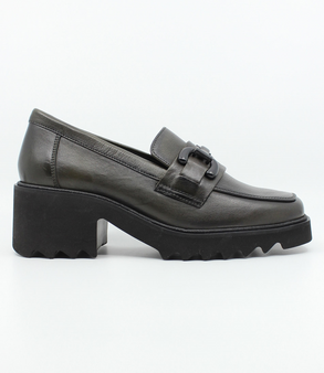 Black leather court shoe with decorative strap detail and 35 mm heel
