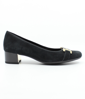 Schwarz suede low-heel shoe with metallic bar detail and 35 mm block heel