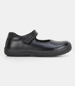 Black leather girls Mary Jane school shoe with smooth upper and hook‑and‑loop strap.