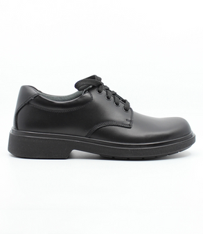 Black leather boys lace‑up school shoe with smooth upper and durable sole.