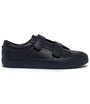 Black junior boys school double strap leather sneaker with flat cupsole and smooth upper