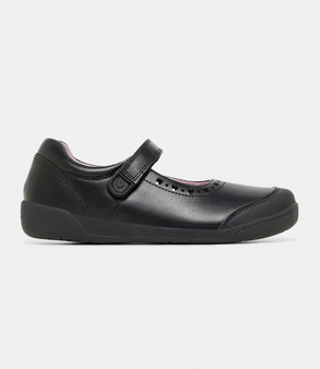 Black junior girls school Mary Jane leather shoe with low heel and smooth upper