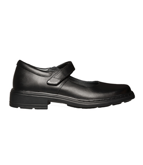 Black girls leather Mary Jane school shoe with self‑fastening strap and padded collar