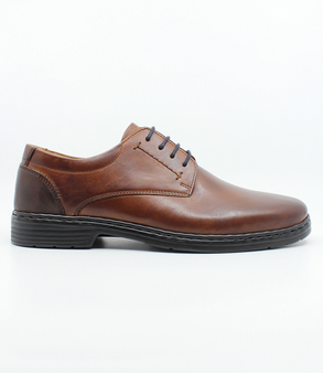 Mens cognac leather lace up shoe with smooth upper, stitched detailing and flexible comfort sole.