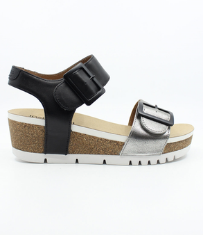 Basalt womens leather wedge sandal with adjustable Velcro straps, cork textured midsole and cushioned footbed.