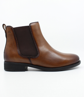 Cognac womens leather ankle boot with elastic side panels, side zip and low heel comfort design.