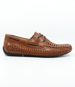 Rich Tan mens woven leather lace driver with side lacing, cushioned footbed and durable rubber sole.