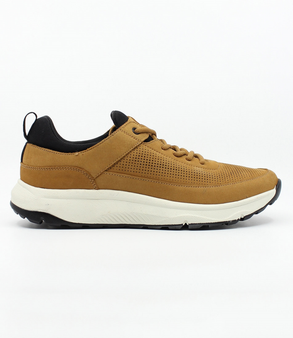 Tan mens nubuck leather lace up sneaker with perforated upper, Comfortech footbed and dual density sole.