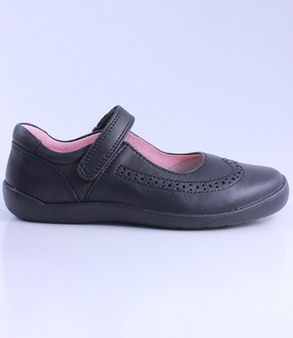 Black girls leather Mary Jane school shoe with brogue detail, pink lining and hook‑and‑loop strap.