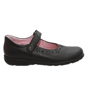 Black girls leather Mary Jane school shoe with floral cut‑outs, hook‑and‑loop strap and pink lining.
