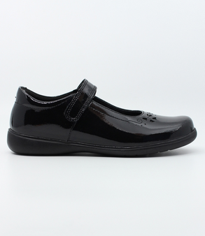Black patent girls leather Mary Jane school shoe with star detail and hook‑and‑loop strap.