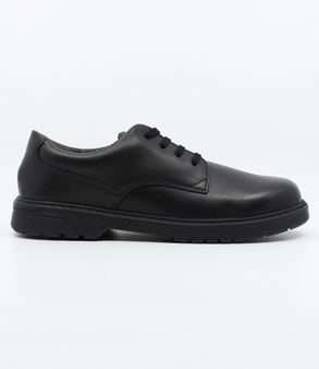 Black boys leather lace‑up school shoe with padded collar, breathable lining and flexible sole.