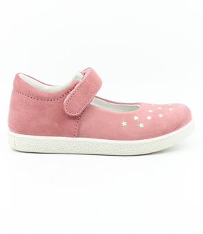 Pink girls suede leather Mary Jane with star detail, hook‑and‑loop strap and white sole.