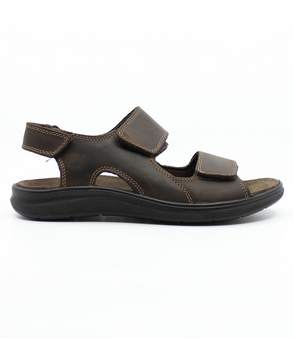 Caffe/Marrone men’s leather open‑toe sandal with triple hook‑and‑loop straps and cushioned sole.