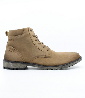Tan men’s suede lace‑up boot with side zip and treaded sole.