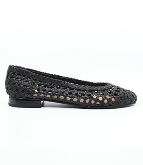 Black women’s woven leather flat with rounded toe and low polished heel.
