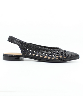 Black women’s woven leather slingback flat with pointed toe and glossy heel.