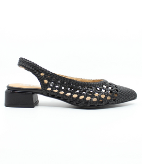 Black women’s woven leather slingback shoe with pointed toe and polished block heel.