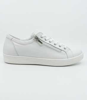 White women’s leather sneaker with lace‑up front, side zip and cushioned insole.