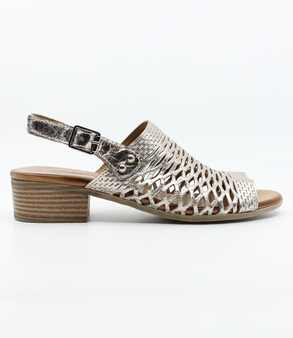Pewter women’s laser‑cut leather sandal with adjustable strap and low block heel.