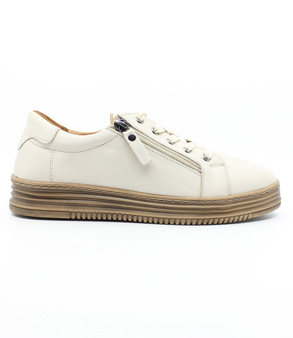 Cream women’s leather casual sneaker with lace‑up front, side zip and cushioned insole.