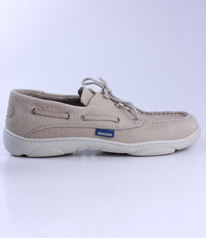 Beige men’s grained leather boat shoe with moccasin stitching and cushioned Poron footbed.