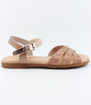 Nude girls’ woven leather flat sandal with ankle strap and cushioned footbed.