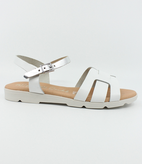 White girls’ woven leather flat sandal with ankle strap and cushioned footbed.