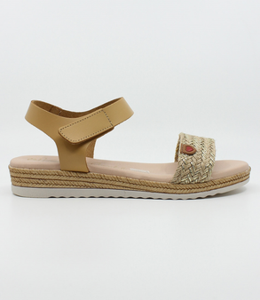 Camel girls’ woven leather flat sandal with hook‑and‑loop ankle strap and cushioned footbed.