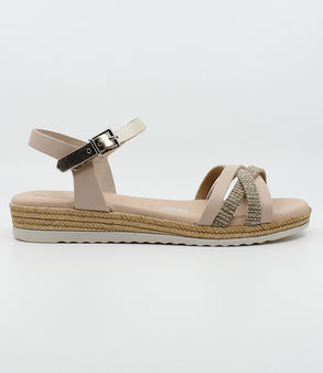 Nude girls’ woven leather flat sandal with ankle strap and cushioned footbed.