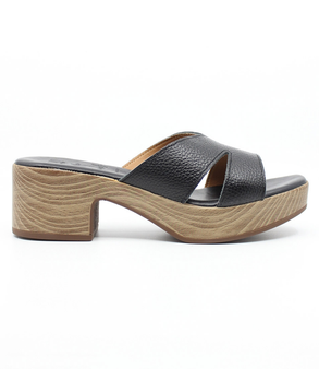 Black women’s criss‑cross leather heeled slide sandal with cushioned footbed.