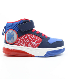 Navy/Red boys’ Spider‑Man inspired mid‑cut sneaker with web pattern, hook‑and‑loop strap and cushioned sole.