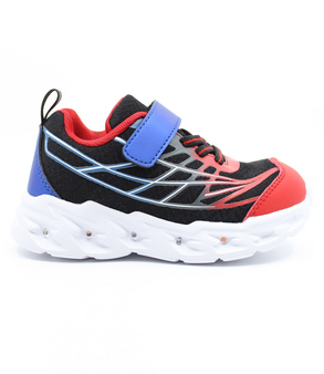 Navy/Red boys’ light‑up sneaker with hook‑and‑loop strap, elastic laces and cushioned sole.