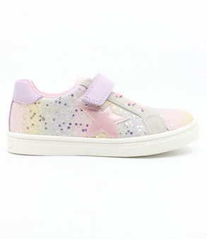 Rainbow Glitter girls’ synthetic leather sneaker with star detail, lace‑up front and hook‑and‑loop strap.