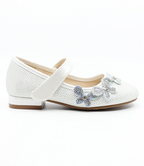 White girls’ shimmering mesh dress shoe with butterfly embellishments, hook‑and‑loop strap and low block heel.