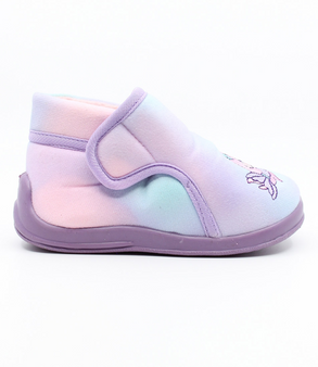 Rainbow girls’ pastel indoor slipper with mermaid motif, hook‑and‑loop strap and flexible sole.