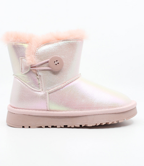 Pink girls’ iridescent synthetic suede ankle boot with faux‑fur lining, side button and treaded outsole.