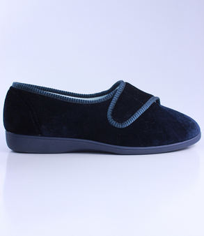 Navy women’s velour closed‑back slipper with hook‑and‑loop strap and cushioned footbed.