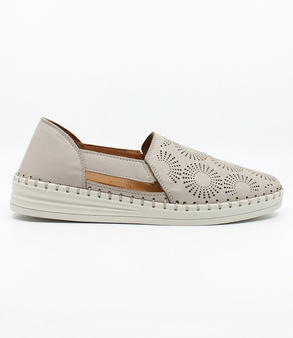 Silver/Grey women’s leather perforated slip‑on with floral pattern, elastic gussets and cushioned sole.