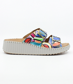 Multi women’s leather slide sandal with twin buckle straps and stitched platform sole.