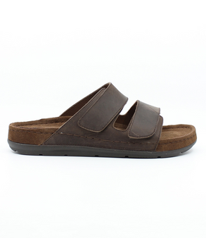 Brown men’s leather slide sandal with twin hook‑and‑loop straps and cushioned footbed.
