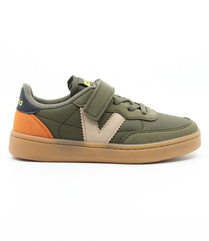 Khaki kids' man-made sports sneaker with suede-effect panels, hook-and-loop strap and caramel sole.