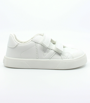 White kids' faux-leather barefoot trainer with hook-and-loop straps and reinforced toe cap.