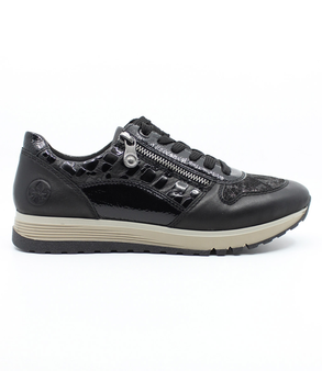Schwarz women's leather sneaker with mixed textures, side zipper and cushioned footbed.