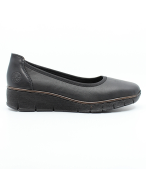 Black women's leather slip-on shoe with cushioned footbed and flexible platform sole.