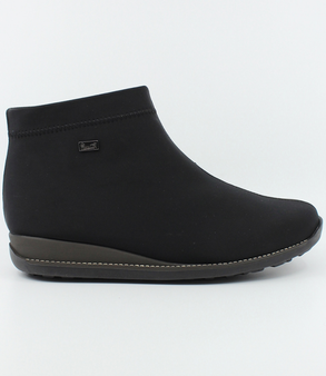 Black women's stretch fabric ankle boot with side zipper and cushioned footbed.