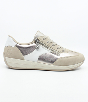 Ginger women's leather sneaker with metallic upper, suede accents, side zipper and cushioned footbed.