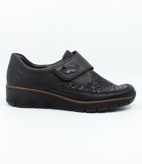 Schwarz women's leather/stretch slip-on shoe with patterned forefoot and cushioned footbed.