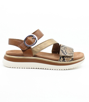 Brown women's leather sandal with metallic mid-strap, snakeskin-effect forefoot and cushioned footbed.